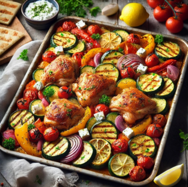 A tray of roasted chicken thighs with grilled zucchini, cherry tomatoes, red onions, and lemon slices, garnished with fresh parsley.