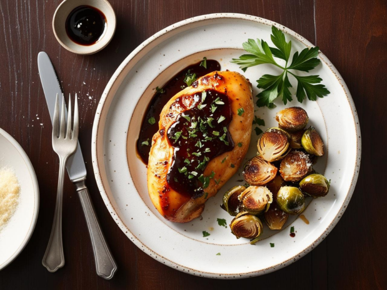 A close-up side view of a glazed chicken leg with roasted Brussels sprouts on a white plate.