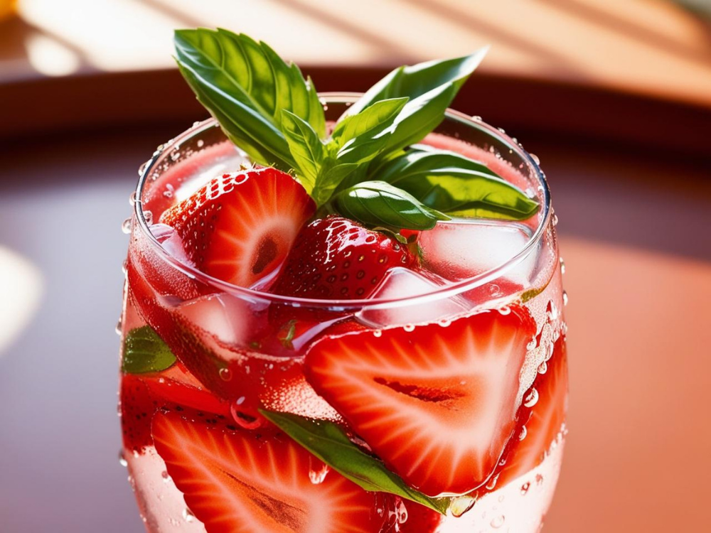 A macro shot of a glass filled with strawberry basil infused water, showing detailed condensation and fresh ingredients.