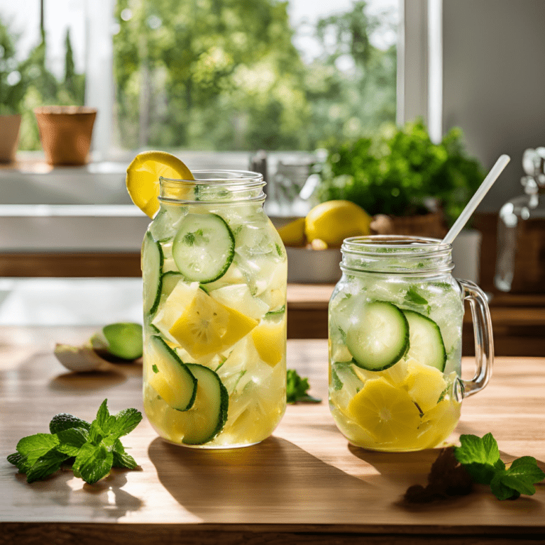 Two mason jars filled with pineapple cucumber detox water, placed on a wooden countertop near a window with a bright and airy background.