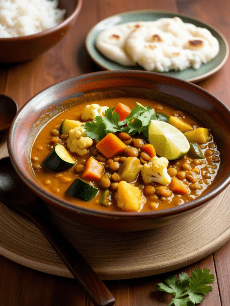 A warm bowl of lentil and vegetable curry, garnished with cilantro and served with a side of naan and rice.