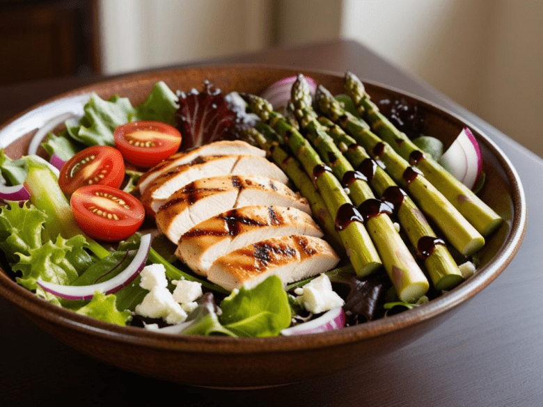 A top-down view of a grilled chicken and asparagus salad, neatly arranged with balsamic drizzle on a dark wooden table.