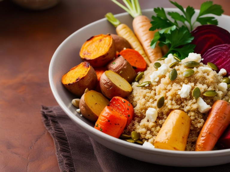 A close-up side view of a quinoa and roasted root veggie bowl, highlighting the textures of quinoa and roasted vegetables.
