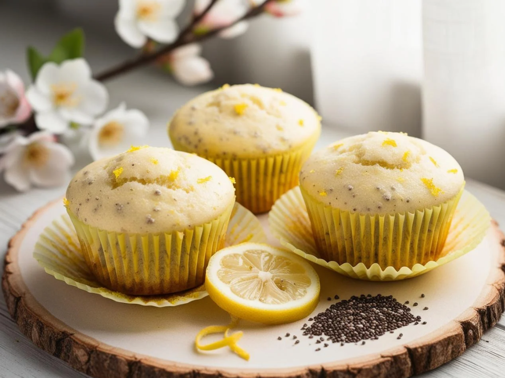 Close-up of three lemon chia seed muffins on a round wooden plate with a sliced lemon and chia seeds.