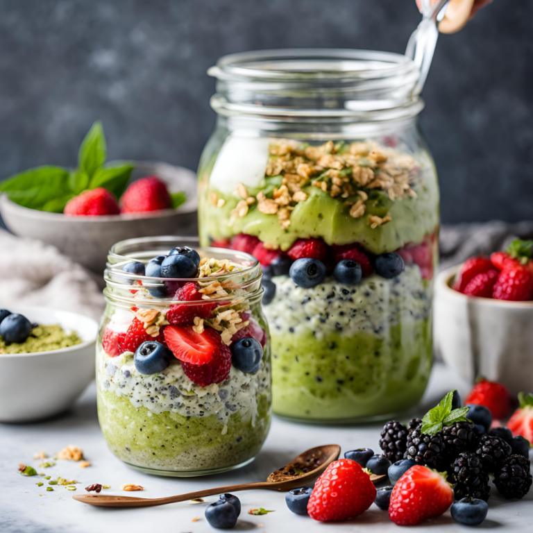 A jar of matcha overnight oats with layers of yogurt, fresh fruit, and crunchy toppings.
