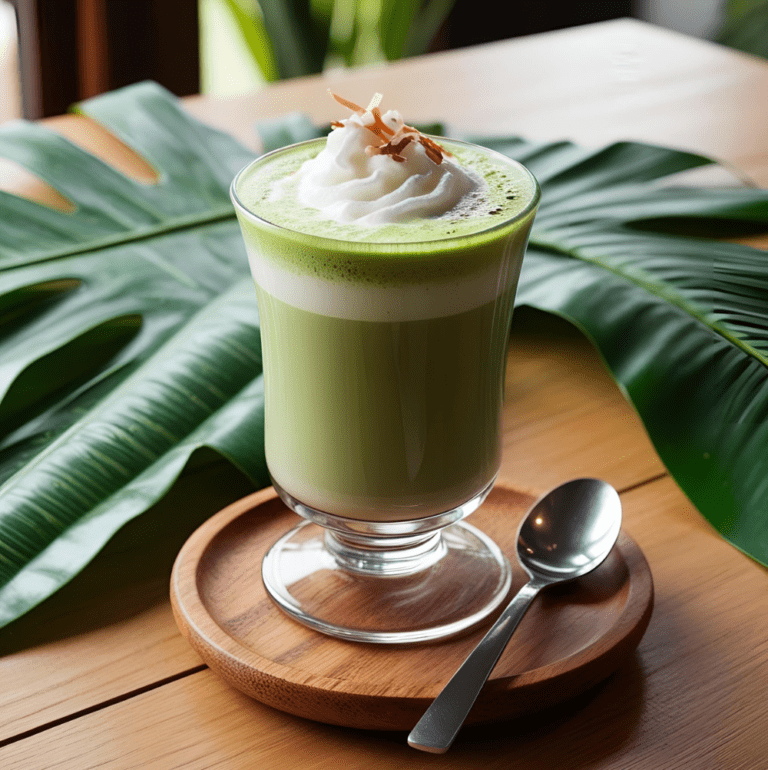 A vibrant green coconut matcha latte in a footed glass, topped with whipped coconut cream and toasted coconut flakes.