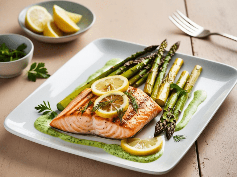 A plated meal of grilled salmon with asparagus, served with lemon slices and a side of herb sauce.