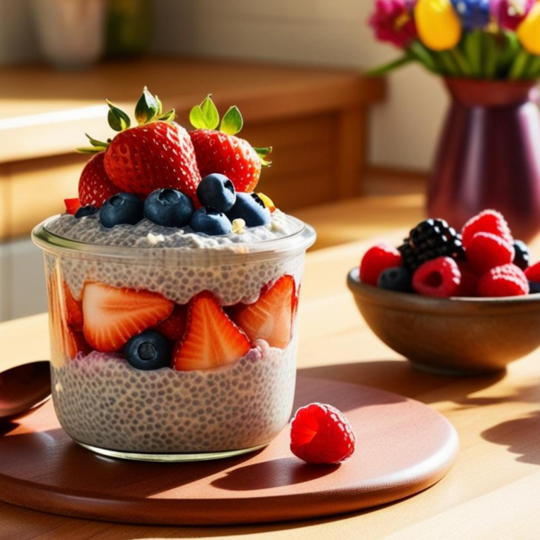 A glass jar filled with chia pudding, layered with fresh strawberries, blueberries, and raspberries, placed on a wooden kitchen counter with a small bowl of berries on the side.