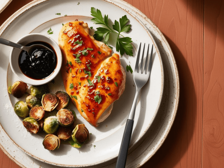 A plated balsamic glazed chicken breast with roasted Brussels sprouts, topped with fresh parsley.