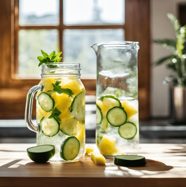 A glass pitcher and a mason jar filled with pineapple cucumber detox water, set on a rustic wooden countertop with fresh ingredients around.