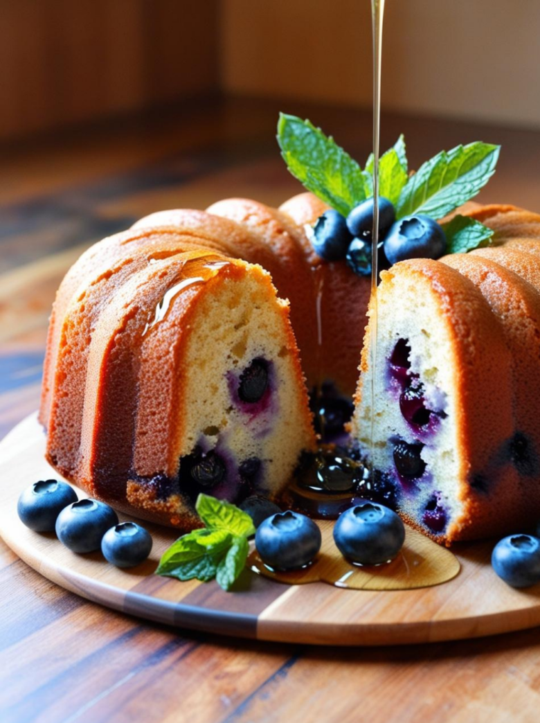 A freshly baked blueberry bundt cake on a wooden plate, drizzled with honey and garnished with fresh mint and whole blueberries.
