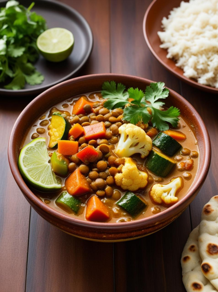A bowl of lentil and vegetable curry with vibrant zucchini, carrots, and cauliflower, accompanied by fresh cilantro and lime.