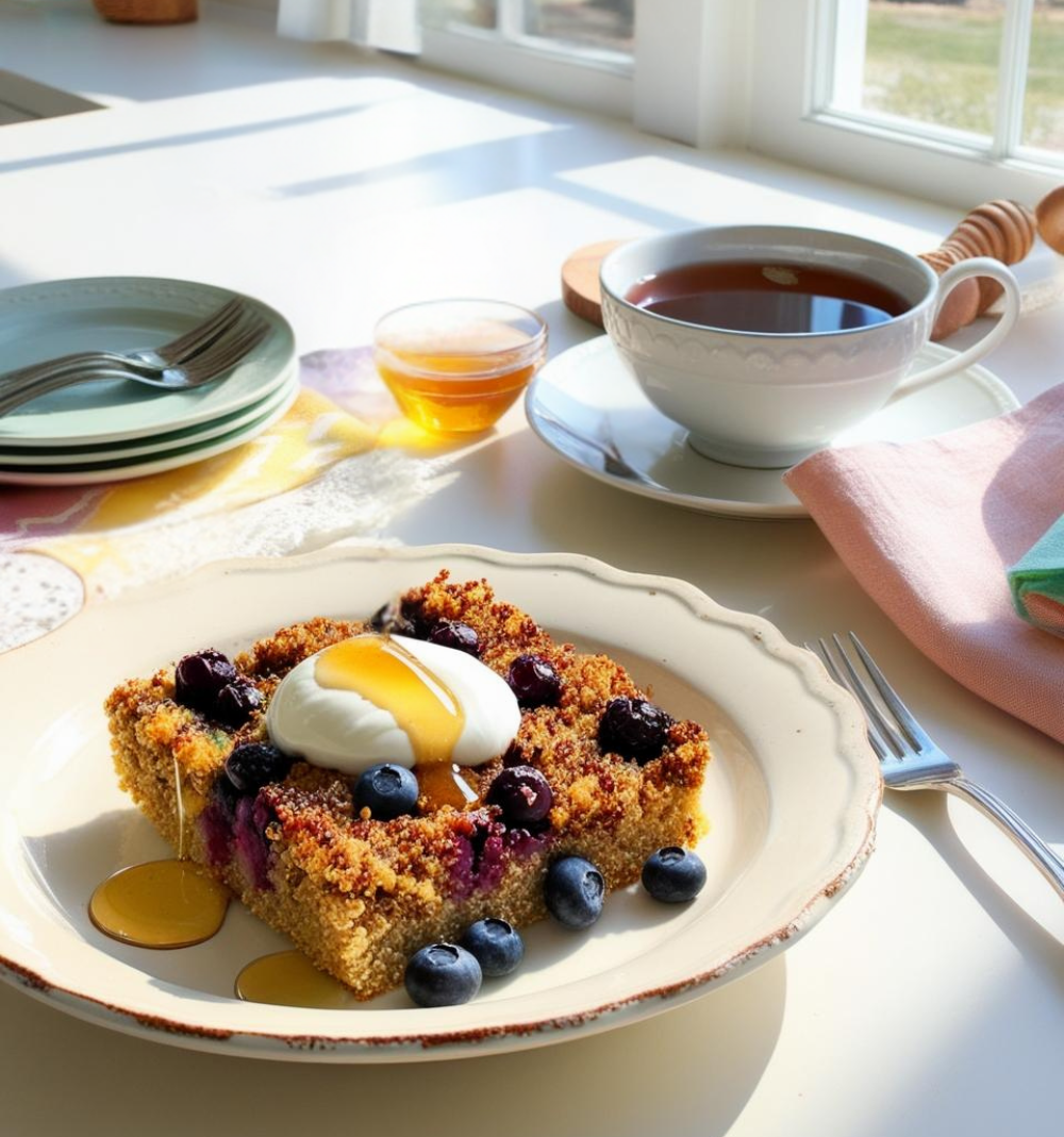 A close-up of a square blueberry quinoa bake with golden, crispy edges, served with honey, yogurt, and fresh blueberries on a rustic-style plate.
