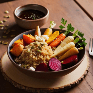 A rustic quinoa and roasted root veggie bowl with a side of vinaigrette dressing, placed on a wooden table.