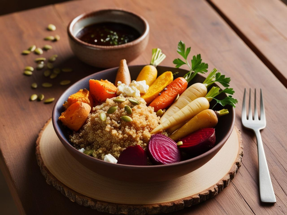 A rustic quinoa and roasted root veggie bowl with a side of vinaigrette dressing, placed on a wooden table.