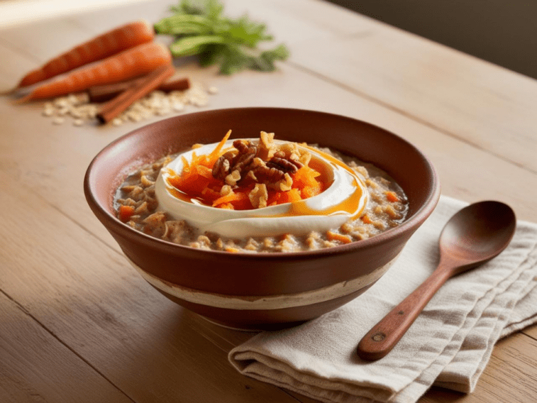 Creamy carrot cake oatmeal in a two-toned ceramic bowl topped with yogurt, grated carrots, and walnuts
