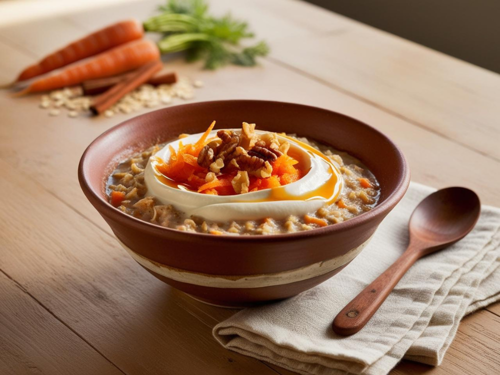 Creamy carrot cake oatmeal in a two-toned ceramic bowl topped with yogurt, grated carrots, and walnuts