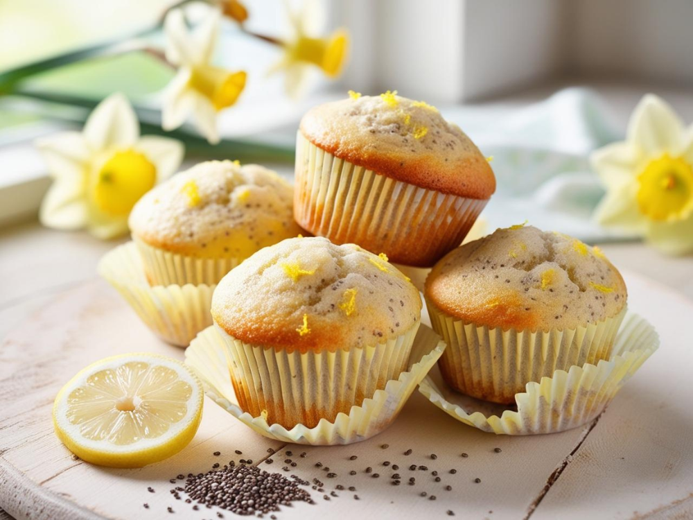 Four lemon chia muffins with lemon slices and spring flowers in the background.