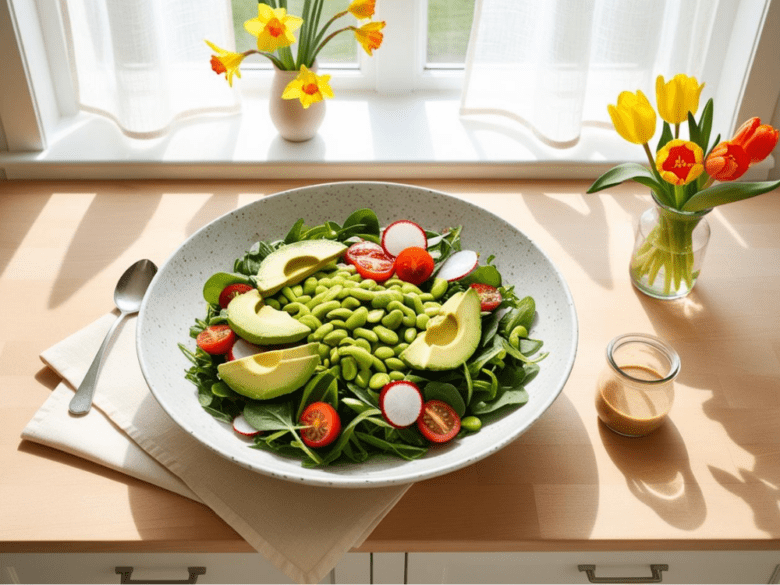 A large salad bowl filled with fresh spinach, avocado slices, cherry tomatoes, edamame, and radishes, styled beside spring tulips and daffodils.