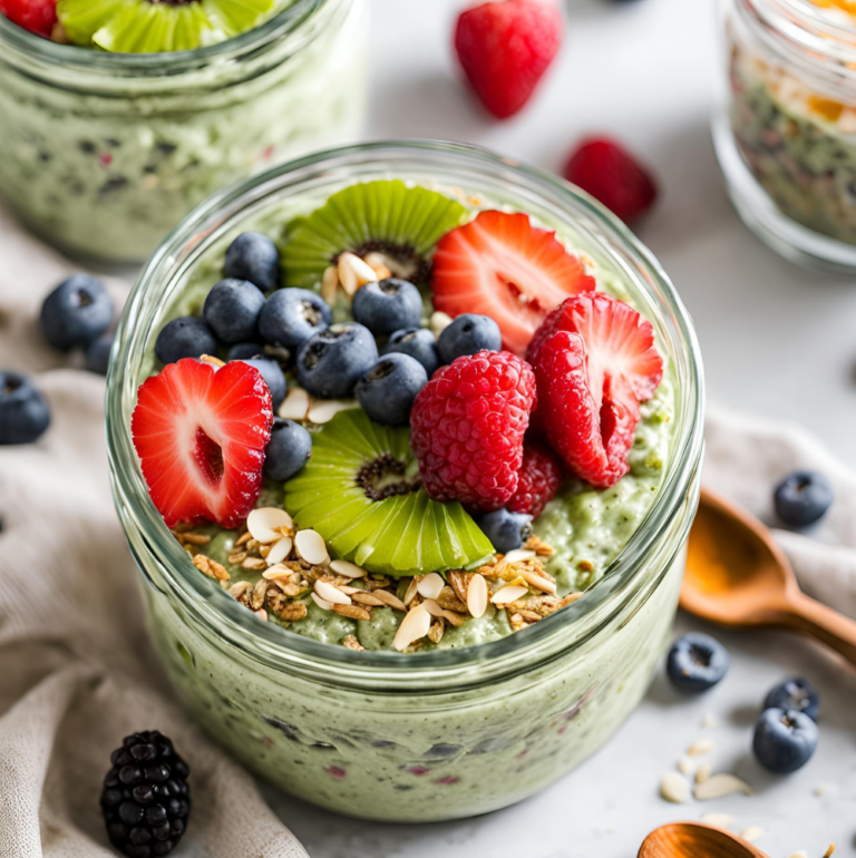 A breakfast bowl filled with matcha overnight oats, topped with kiwi slices, almonds, and blueberries.