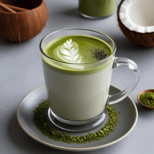 A layered coconut matcha latte in a glass mug, featuring a striking contrast between the matcha and coconut milk, surrounded by coconut shells and matcha powder.