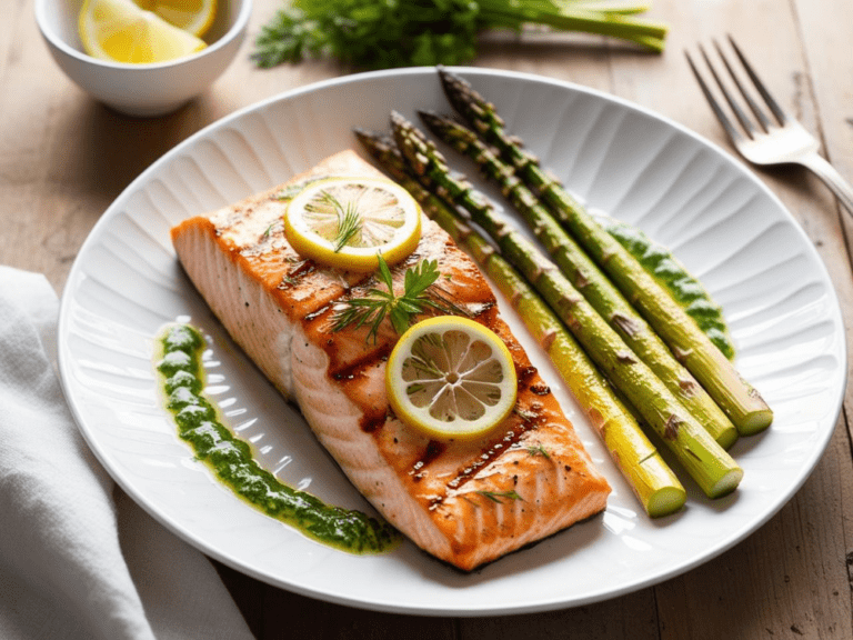 A white ceramic plate with grilled salmon, asparagus, and fresh lemon wedges.