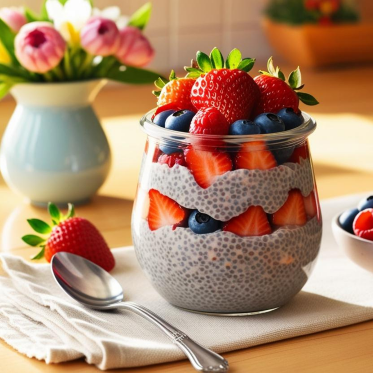 A glass jar filled with chia pudding, layered with fresh strawberries, blueberries, and raspberries, placed on a wooden kitchen counter with a small bowl of berries on the side.
