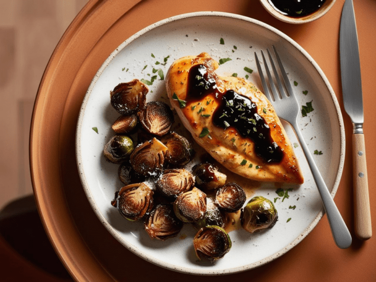 A plate of balsamic glazed chicken with a side of Brussels sprouts and a small dish of extra glaze.