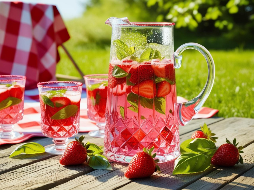 A picnic scene with a glass pitcher of strawberry basil infused water surrounded by glasses on a checkered cloth.