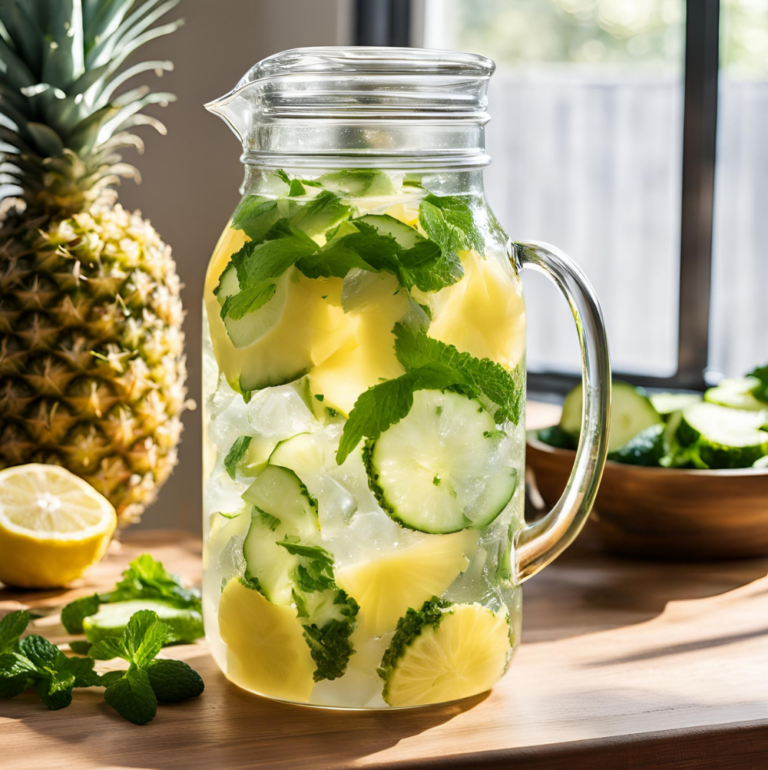 A tall glass pitcher filled with pineapple cucumber detox water, sitting next to fresh ingredients on a sunlit kitchen counter.