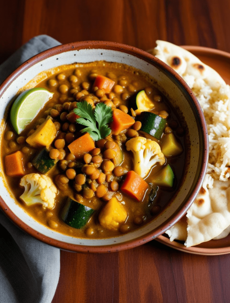 A rustic bowl of lentil curry with fresh zucchini, cauliflower, and carrots, served with rice and naan on a wooden table.