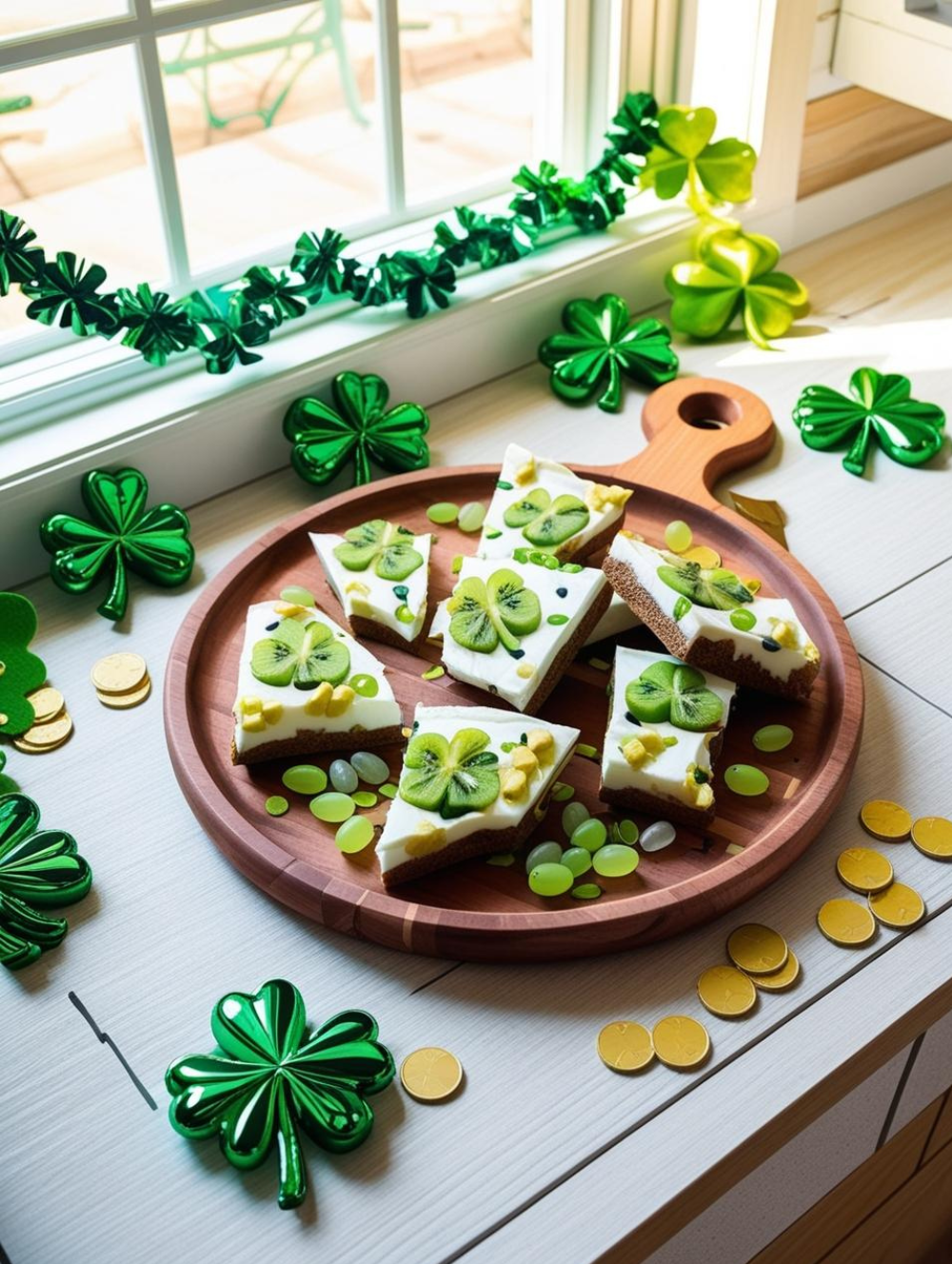A wooden serving board with green-themed dessert bars topped with kiwi, grapes, and pistachios, placed on a sunlit countertop with St. Patrick’s Day decorations.