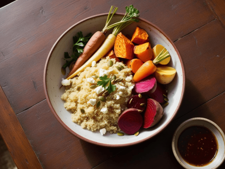 A quinoa and roasted root vegetable bowl with fresh parsley garnish, presented on a wooden plate.
