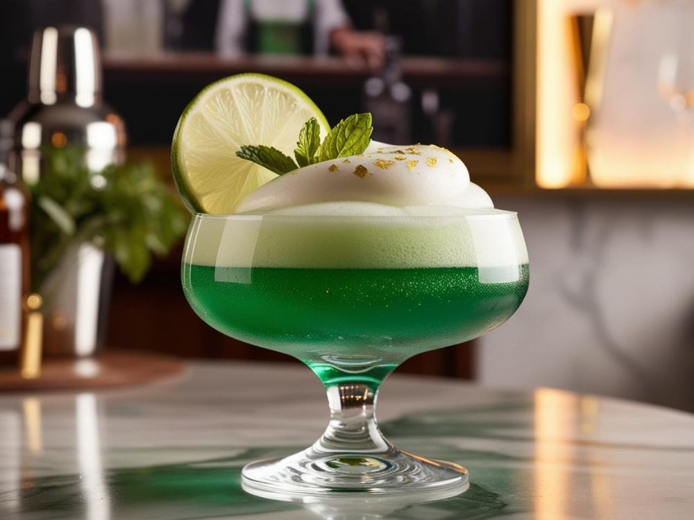 Close-up of frothy Emerald Isle Gin Fizz cocktail with lime wedge and mint garnish.