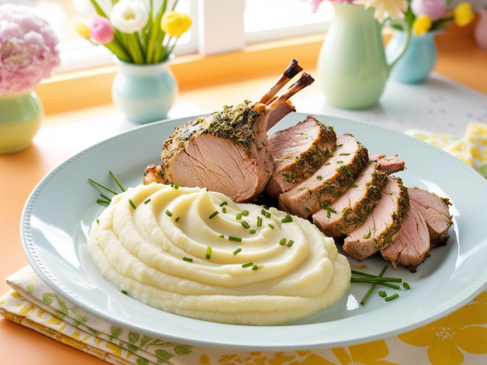 Plate of mashed cauliflower and sliced lamb chops garnished with chives on a cheerful, floral-themed setting.