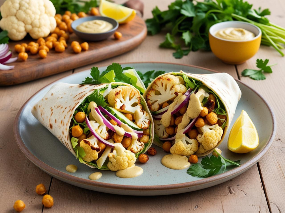 Vegan cauliflower wraps on a plate surrounded by parsley, lemon, and chickpeas, with tahini dipping sauce.