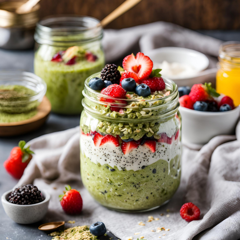 Two jars of matcha overnight oats with layers of granola, yogurt, and mixed berries.