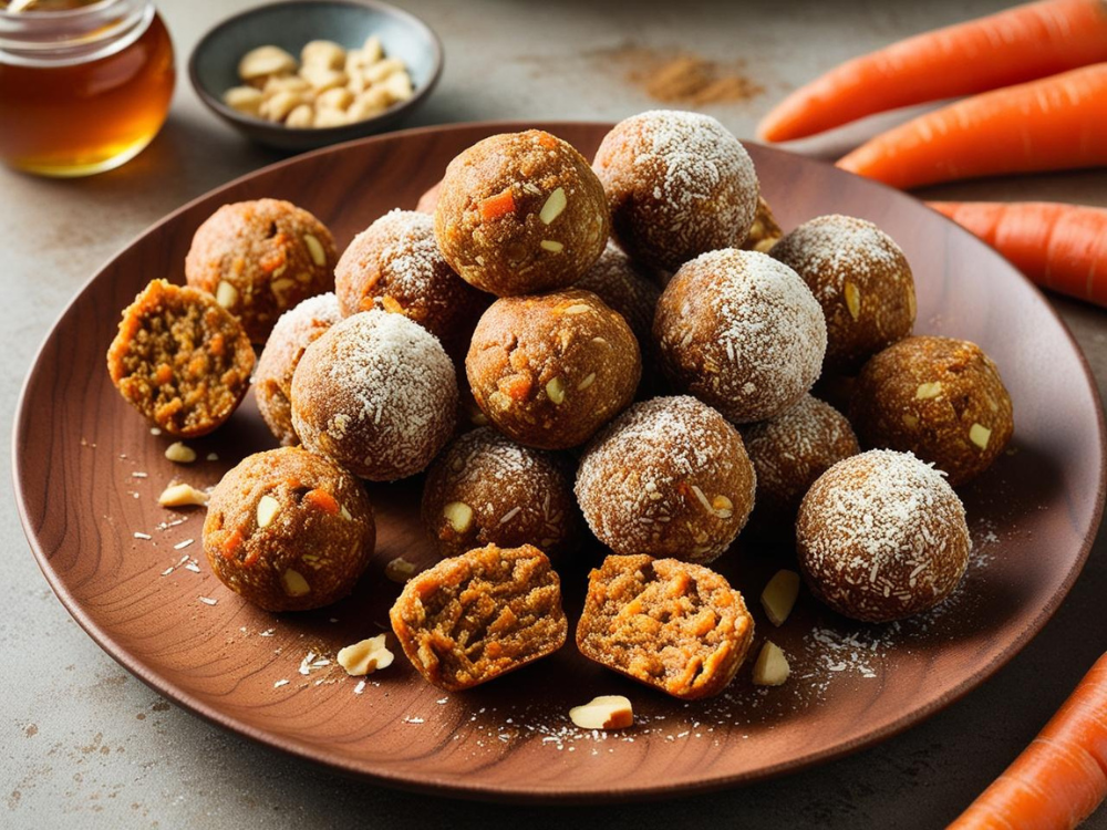 A plate of carrot cake energy balls with fresh carrots and honey in the background, creating a warm and inviting setting.