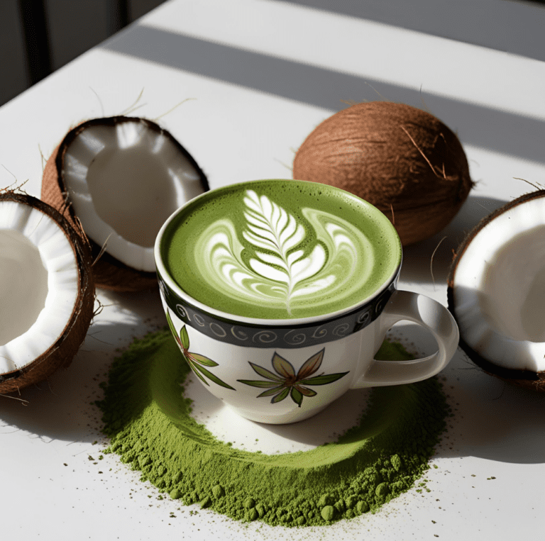 A coconut matcha latte in a decorative ceramic cup with intricate latte art, placed on a white table with fresh coconut halves and matcha powder.