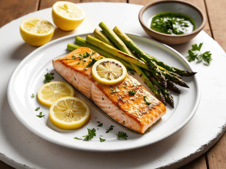 A grilled salmon fillet topped with lemon slices, served with asparagus and a side of herb dressing.