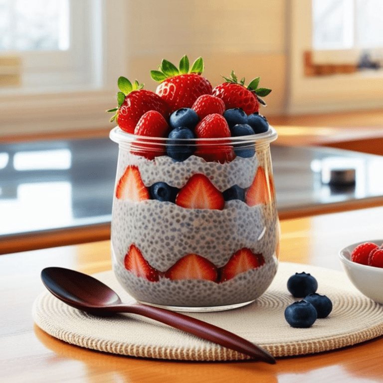 A glass jar filled with chia pudding, layered with fresh strawberries, blueberries, and raspberries, placed on a wooden kitchen counter with a small bowl of berries on the side.