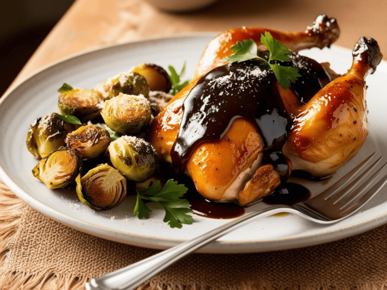 A top-down view of a balsamic glazed chicken breast with roasted Brussels sprouts on a round plate.