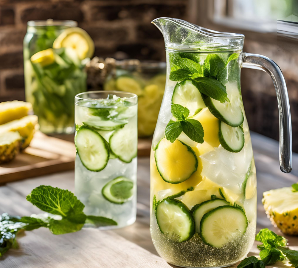 A large glass pitcher of pineapple cucumber detox water with ice, surrounded by fresh pineapple, cucumber, and lemon slices on a wooden countertop.