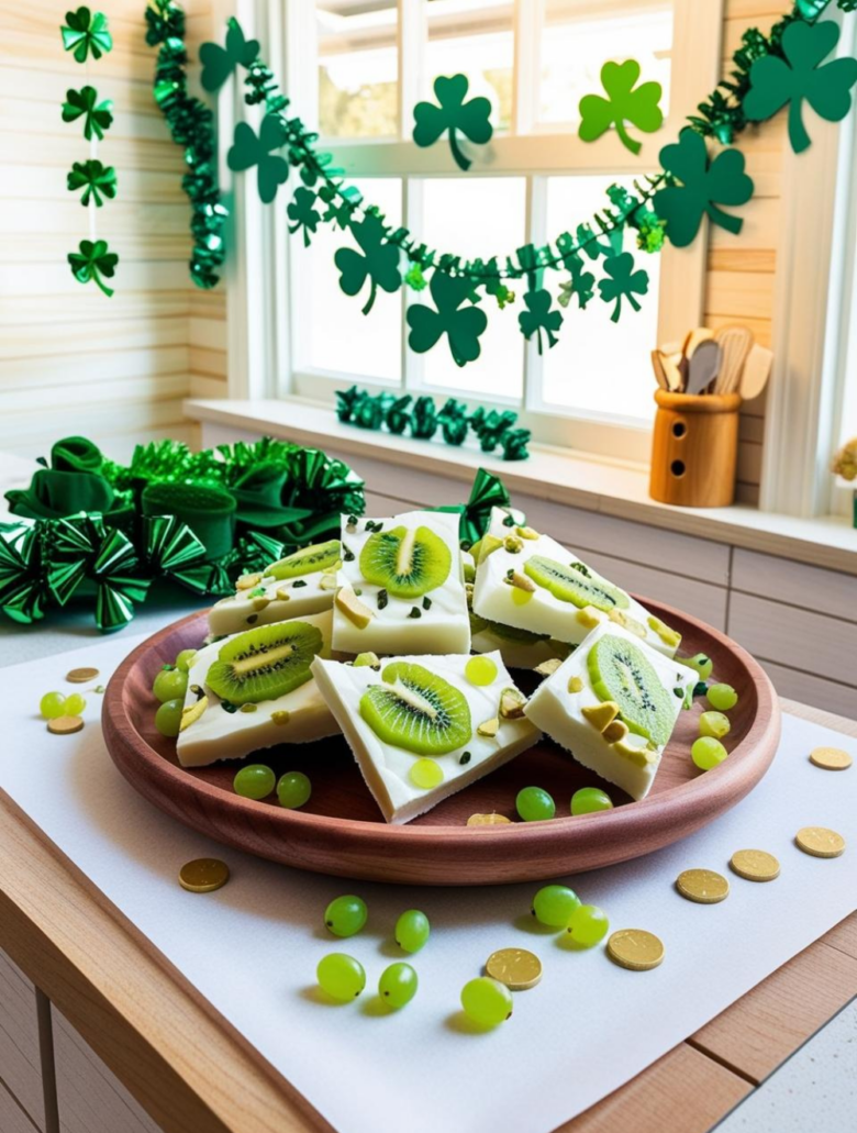 A wooden round tray with triangular dessert bars decorated with kiwi slices, pistachios, and green grapes, placed in a kitchen with St. Patrick’s Day decorations.
