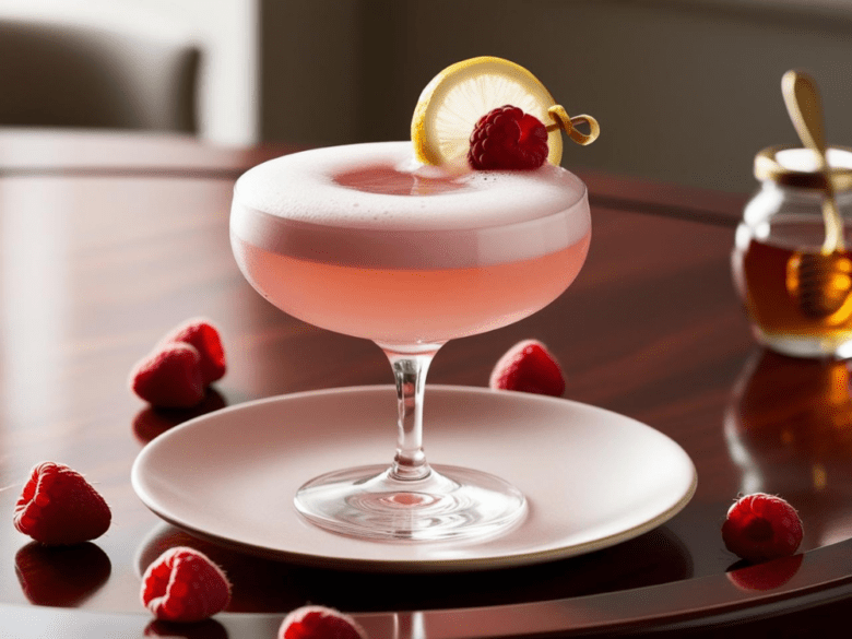 A Clover Club Lite Cocktail served on a polished wooden table, garnished with a lemon slice and raspberry.