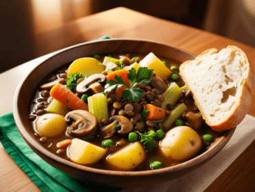 A bowl of Irish vegetable stew placed on a wooden table with a soft green cloth, featuring a generous serving of crusty bread on the side.