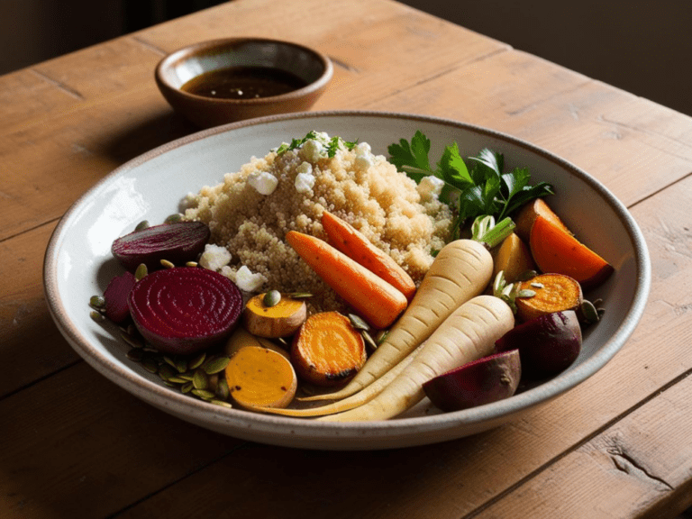 A simple yet elegant quinoa and roasted root vegetable dish, garnished with feta and seeds.