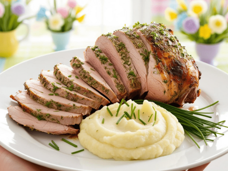 Close-up of sliced roasted lamb with mashed cauliflower, garnished with herbs.