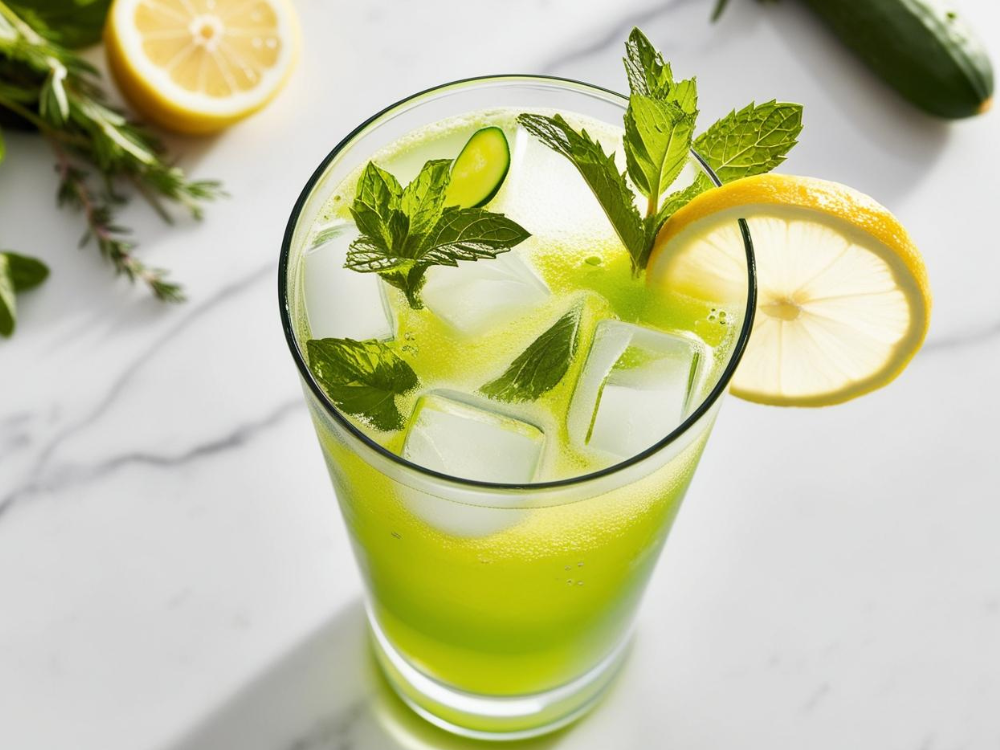 Icy green cucumber lemon mint drink in a highball glass with fresh ingredients around.