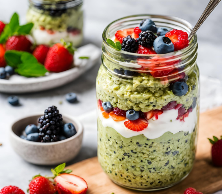 A close-up of a spoon scooping matcha overnight oats from a jar, revealing layers of oats, fruit, and seeds.